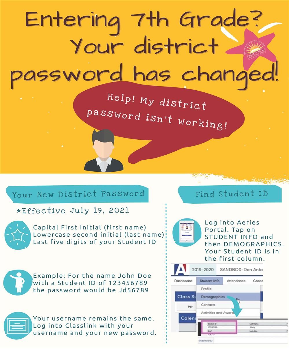  ALL incoming 7th grade students MUST change their AERIES password before the school year starts.